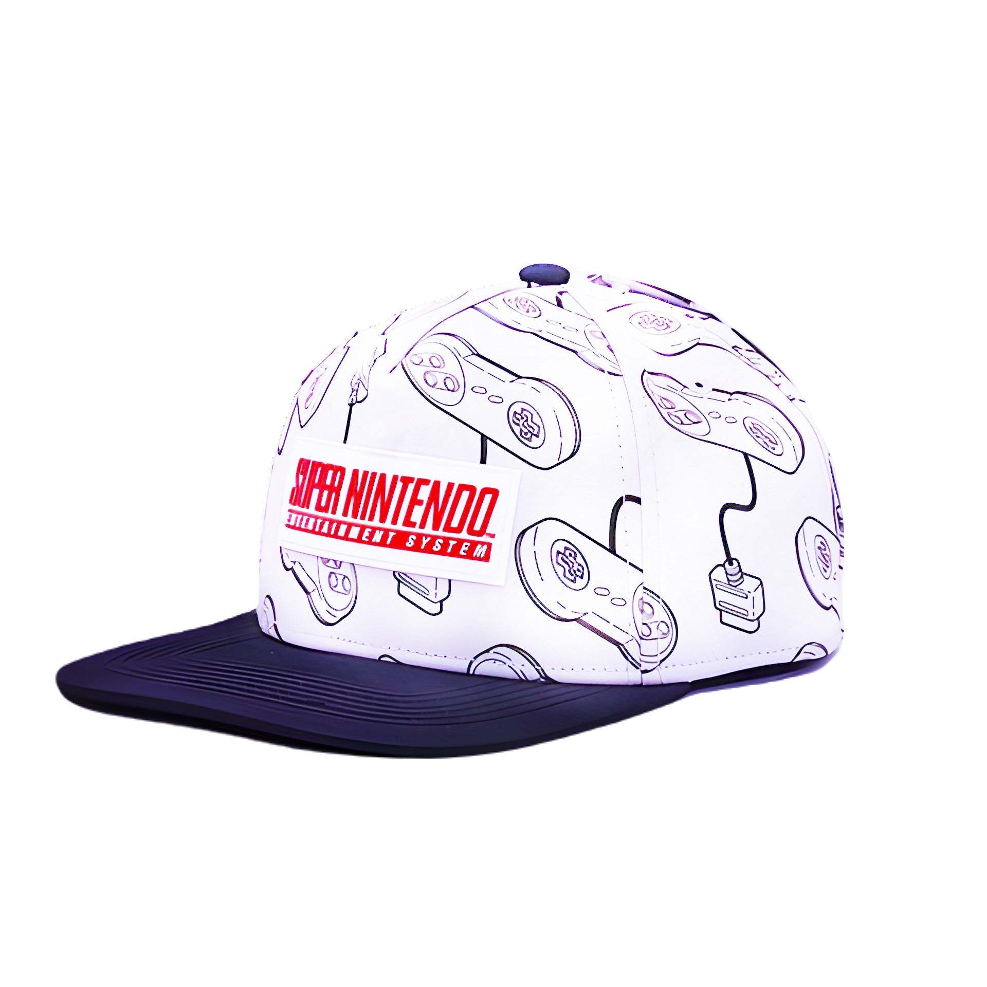 Rare Super Nintendo retro baseball cap by Difuzed, featuring a standout, rubberized Super Nintendo logo on the front, a flat brim, and an adjustable snapback closure