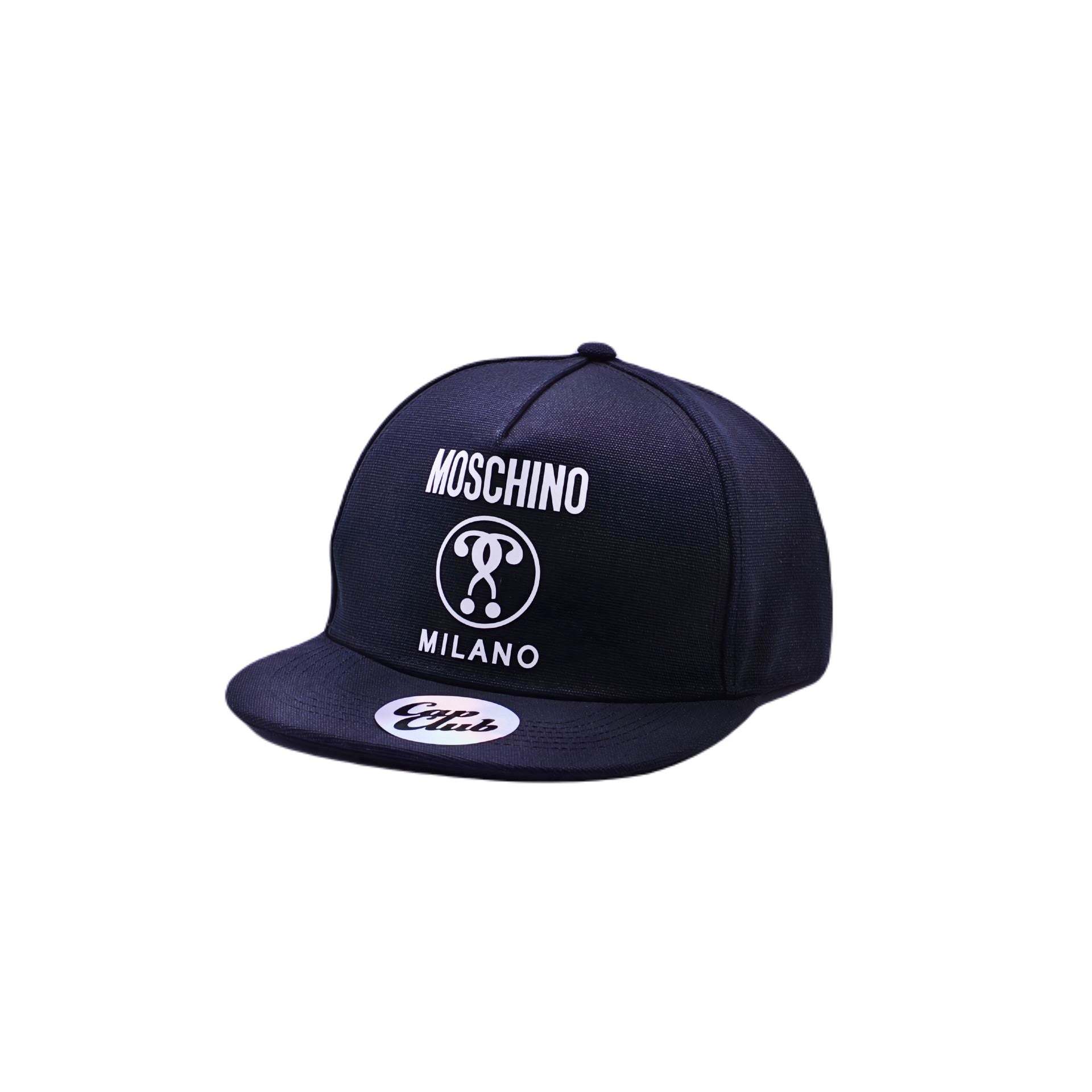 Front view of a Moschino baseball cap, featuring the iconic Moschino logo and a sleek, fashionable design. Perfect for adding a touch of luxury to any casual outfit